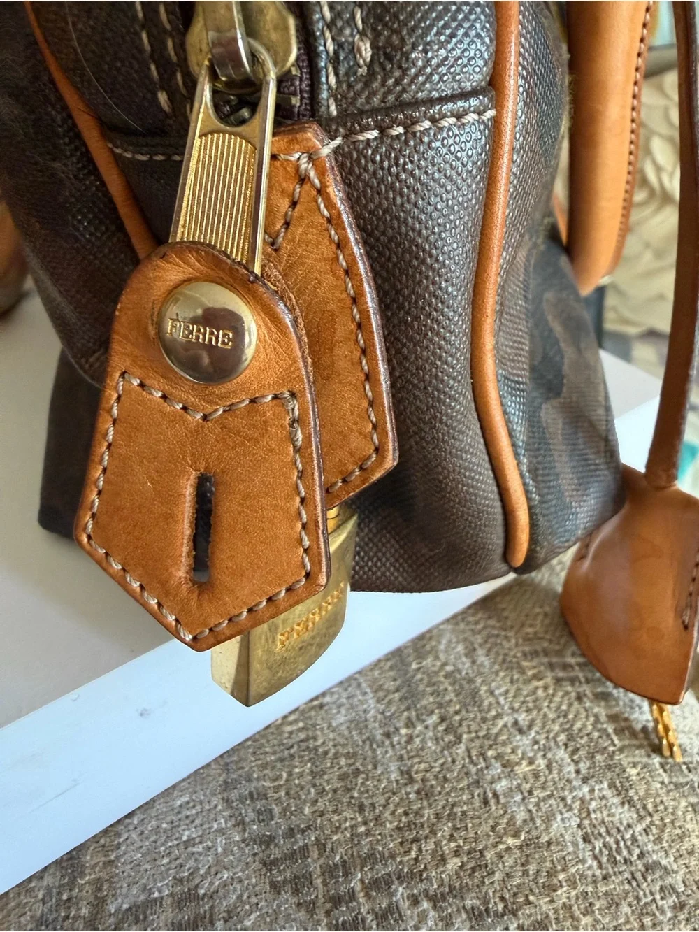GIANFRANCO FERRE SMALL Patterned Dome Satchel -cognac LEATHER TRIM. VINTAGE